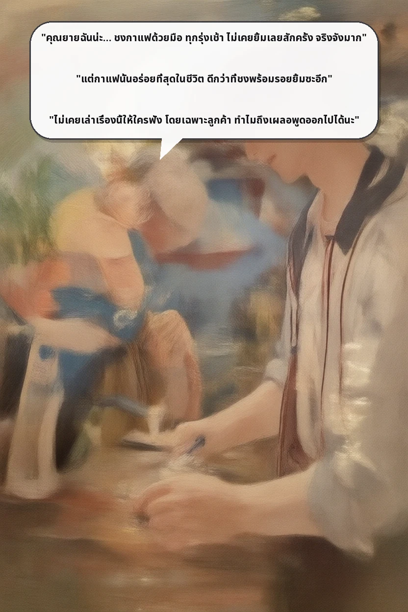 "คุณยายฉันน่ะ… ชงกาแฟด้วยมือ ทุกรุ่งเช้า ไม่เคยยิ้มเลยสักครั้ง จริงจังมาก"

"แต่กาแฟนั้นอร่อยที่สุดในชีวิต ดีกว่าที่ชงพร้อมรอยยิ้มซะอีก"

"ไม่เคยเล่าเรื่องนี้ให้ใครฟัง โดยเฉพาะลูกค้า ทำไมถึงเผลอพูดออกไปได้นะ"