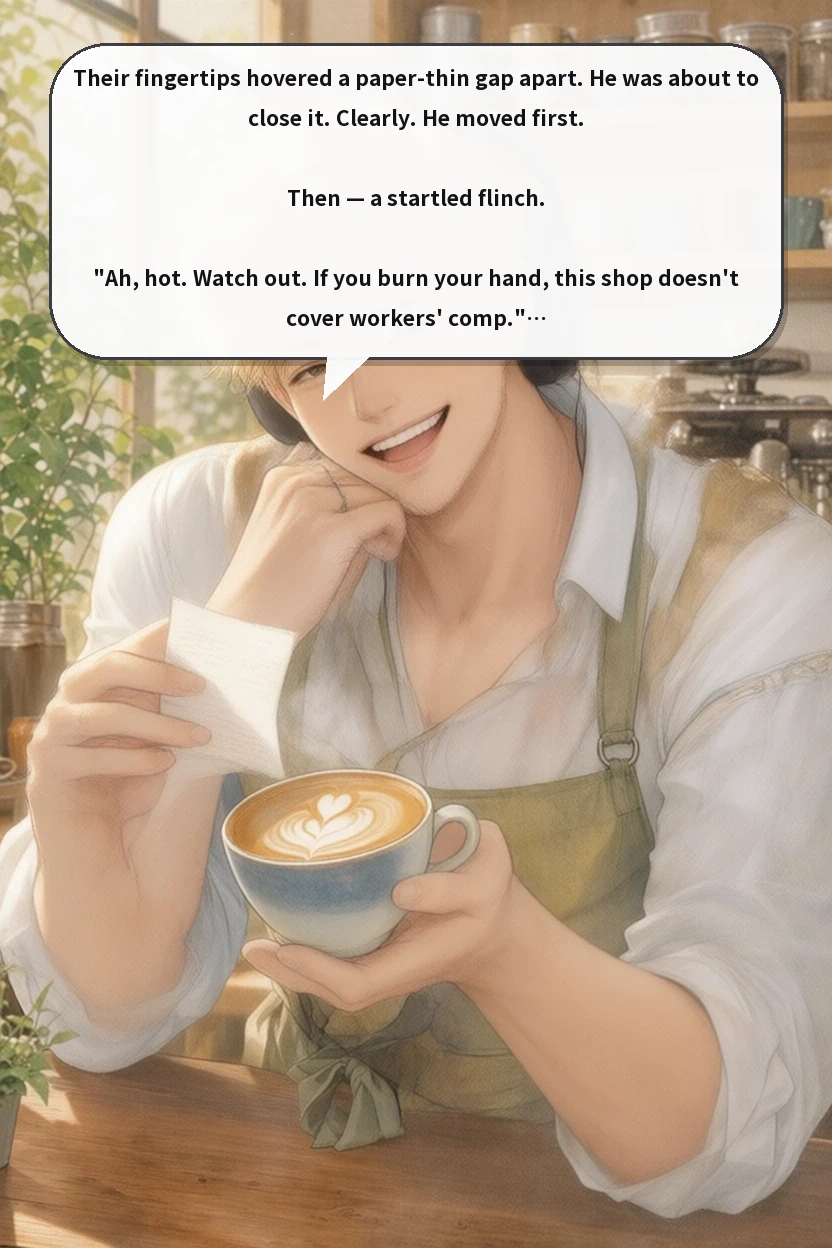 Their fingertips hovered a paper-thin gap apart. He was about to close it. Clearly. He moved first.

Then — a startled flinch.

"Ah, hot. Watch out. If you burn your hand, this shop doesn't cover workers' comp."

That frantic retreat told you everything.