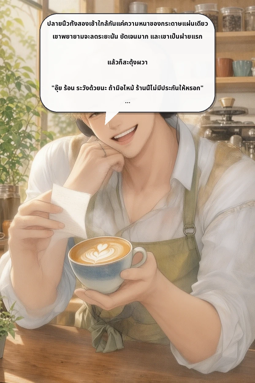 ปลายนิ้วทั้งสองเข้าใกล้กันแค่ความหนาของกระดาษแผ่นเดียว เขาพยายามจะลดระยะนั้น ชัดเจนมาก และเขาเป็นฝ่ายแรก

แล้วก็สะดุ้งผวา

"อุ๊ย ร้อน ระวังด้วยนะ ถ้ามือไหม้ ร้านนี้ไม่มีประกันให้หรอก"

การถอยหนีอย่างตื่นตระหนกนั้น กลับดูเหมือนคำตอบสำหรับเธอ